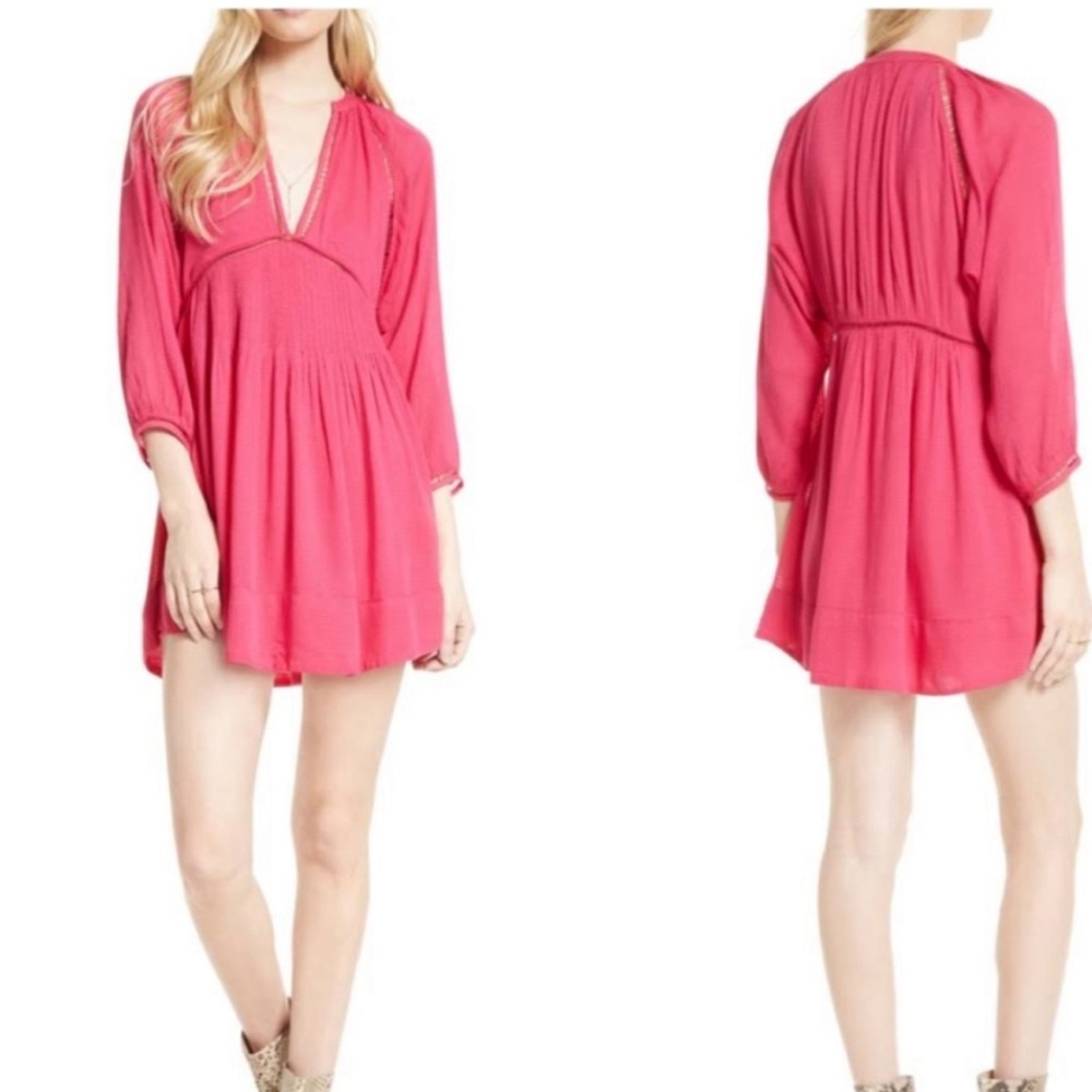FREE PEOPLE Go Lightly V-Neck 3/4 Sleeve Swing Dress Hot Pink Medium